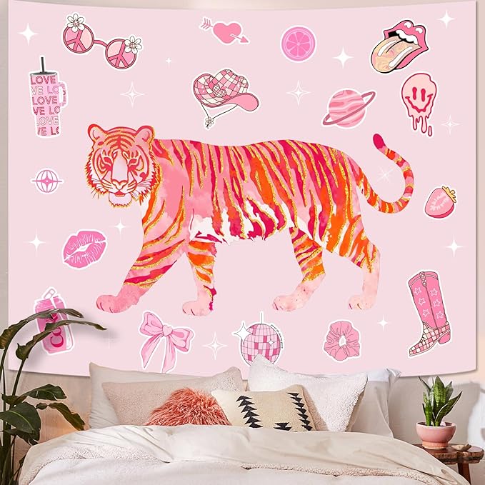 Lunerfex Y2K Tapestry Pink Tiger Wall Tapestry, Cute Tapestries for Bedroom Funny Tapestries Wall Hanging for Bedroom Living Room Decor Pink-3 44"x60"-Ruum Studio Home