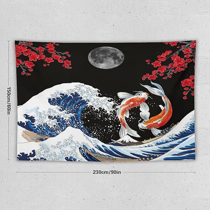 Houselerax Japanese Koi Fish Tapestry, Yin Yang Big Wave Red Cherry Blossom Tapestries Wall Hanging for Bedroom Living Room Office Decor 90"x60"-Ruum Studio Home