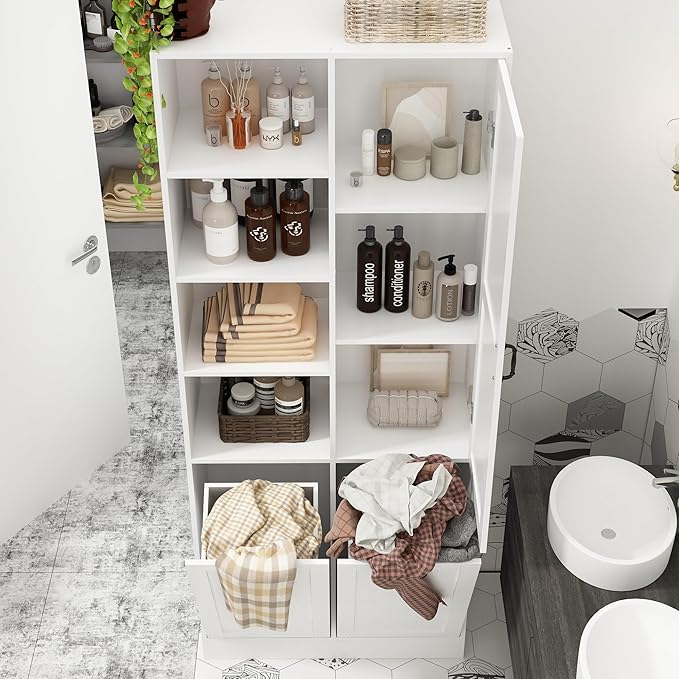 ECACAD Tall Bathroom Storage Cabinet with Shelves and Tilt-Out Laundry Hampers, Freestanding Floor Cabinet for Living Room, Bedroom & Kitchen, White (31.5”W x 13.8”D x 78.7”H)-Ruum Studio Home