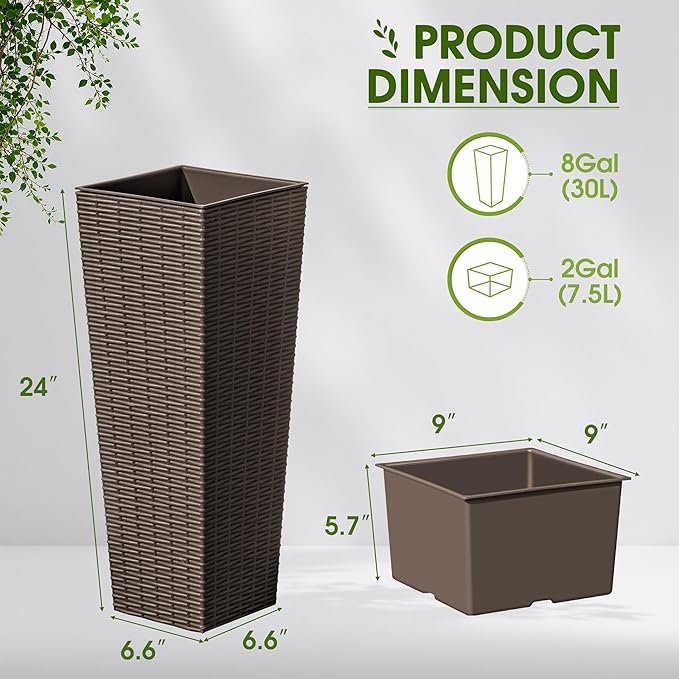 Devoko Resin Tall Planters for Outdoor Plants Set of 2, Large Taper Outdoor Planter Pots with 4 Drainage Holes, Flower Pots Modern Decor for Porch, Patio, Backyard, Home Garden (Brown, 24")-Ruum Studio Home