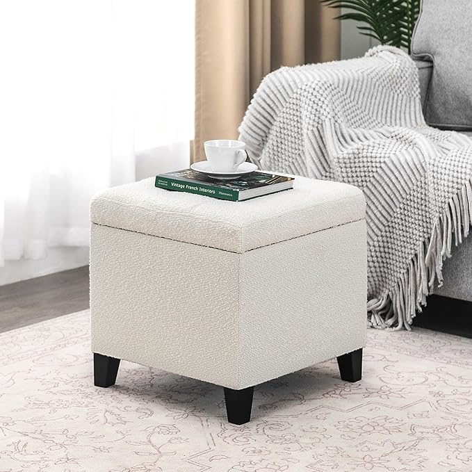 Adeco 18 Inch High Cube Ottoman Storage, Linen Chair Foot Stools, Upholstered Vanity Stool with Hinged Lid, Solid Wood Legs (White Circle Yarn)-Ruum Studio Home