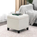 Adeco 18 Inch High Cube Ottoman Storage, Linen Chair Foot Stools, Upholstered Vanity Stool with Hinged Lid, Solid Wood Legs (White Circle Yarn)-Ruum Studio Home