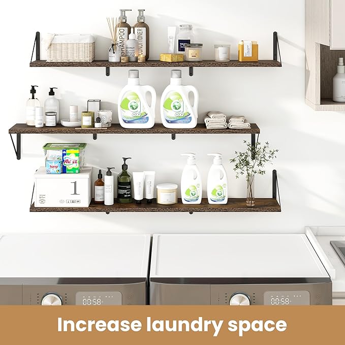 Heimlove 48 Inch Large Floating Bookshelves Set of 3,Rustic Brown Wood Wall Mounted Bookshelves,Heavy Duty Shelves for Living Room,Bedroom,Kitchen,Laundry Room Storage & Decor-Ruum Studio Home