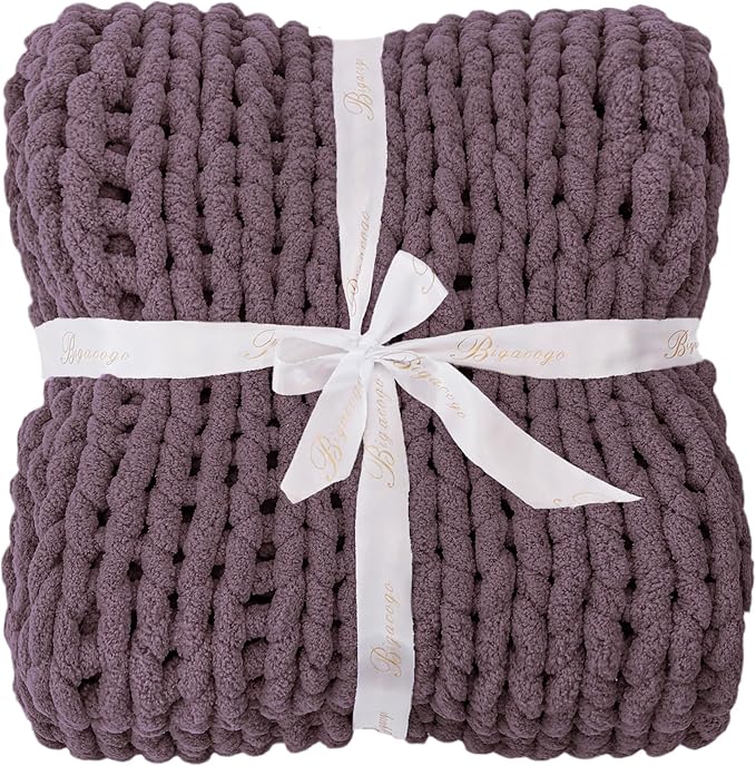 Bigacogo Chunky Knit Throw Blanket for Couch, 40x80 inches, 100% Hand Knitted with Thick Jumbo Chenille Yarn, Cozy Soft Large Rope Knot Cable Crochet Blankets for Sofa Bed Living Room, Winter Grape-Ruum Studio Home