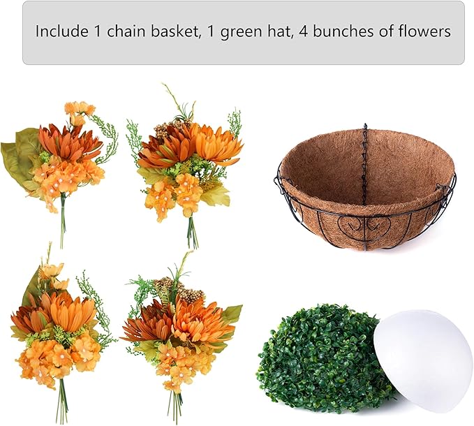 Artificial Fake Hanging Mums Flowers Plants Baskets for Outdoor Outside Decoration, Faux Silk Orange Flower Chrysanthemum UV Resistant Realistic for Porch Patio Balcony Yard Decor-Ruum Studio Home
