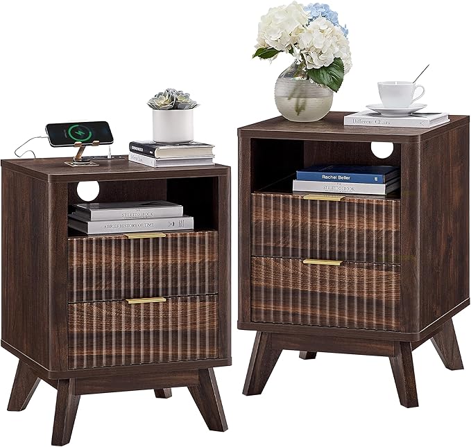 T4TREAM Fluted Nightstand Set of 2 with Charging Station, 18" Modern Side Table, 2 Drawers End Table with Storage, Bedside for Bedroom, Living Room, Curved Profile Design, Dark Walnut-Ruum Studio Home