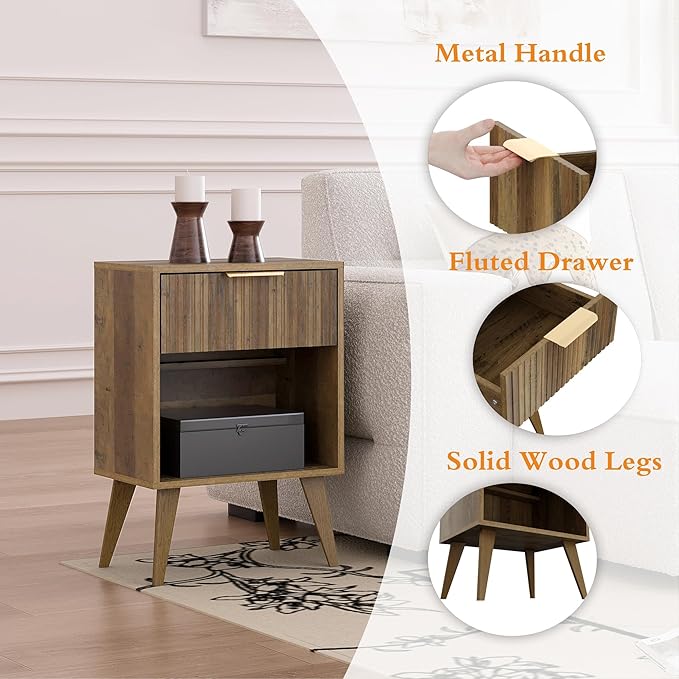 Fluted Night Stand with Opening Storage,Mid Century Bedside Table with Drawer,Wood Nightstand with Solid Wood Legs,End Table Side Table for Living Room,Bedroom,Caramel Oak CTG56BR-Ruum Studio Home