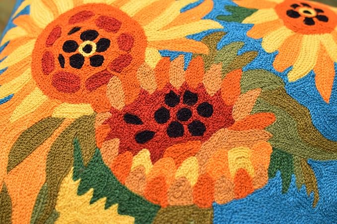 Turquoise Van Gogh Sunflower Pillow Cover Teal Floral Sofa Pillowcase Flower Chair Cushion Accent Throw Flowery Outdoor Pillows Farmhouse Couch Handmade Wool Size 18x18-Ruum Studio Home