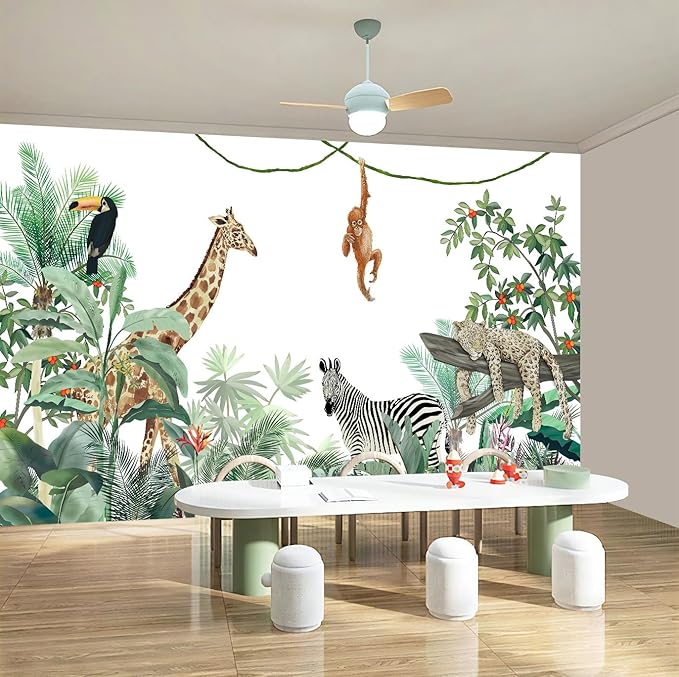 WFBHUA-Kids Safari Wallpaper Tropical Jungle Botanical Leaf Wall Mural for Nursery Boys Bedroom Girls Bedroom Playroom (Not Peel and Stick)-Ruum Studio Home