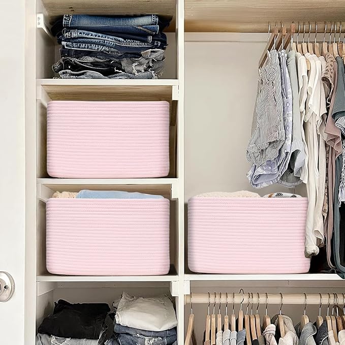 3-Pack Shelf Baskets for Organizing, Woven Storage Basket for Shelves, Cotton Rope Storage Bins for Toys Books, Nursery Towel Baskets for Classroom, 14.96"X9.8"X8.85", Pink-Ruum Studio Home