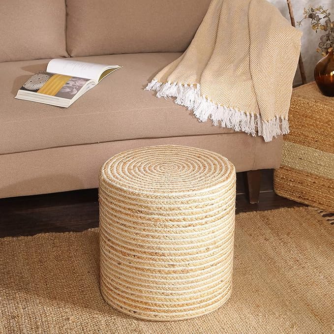 REDEARTH · Cylindrical Pouf Foot Stool Ottoman - Jute Braided Pouffe Poof Sitting Footrest for The Living Room, Bedroom, Nursery, Patio, Lounge & Other Rooms in Home (14.5”x14.5”x16”; Natural Ivory)-Ruum Studio Home