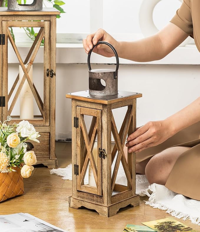 TIMRIS Large Farmhouse Wooden Candle Lantern Set of 2, Rustic Floor Candle Lanterns with Drawer, Vintage Hurricane Lantern Holder for Indoor Outdoor Decor (No Glass)-Ruum Studio Home