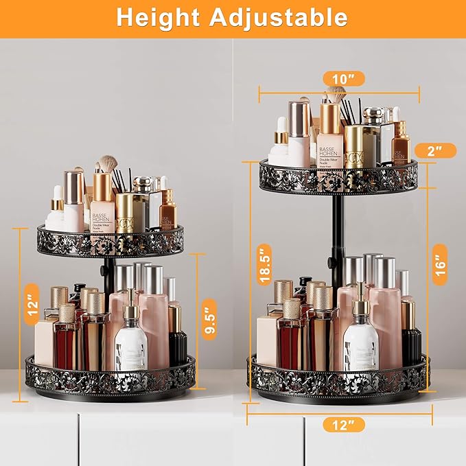 Two Tier Lazy Susan Organizer Turntable Height Adjustable, 2 Tier Lazy Susan 12 Inch Metal Easy Assembly, Spice Rack Organizer Rotating for Cabinet Dining Table Top Kitchen Countertop Black-Ruum Studio Home