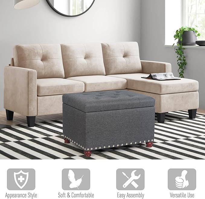 Joveco Storage Ottoman Linen Tufted Bench with Rivet, Rectangular Footrest Stool Coffee Table Seat for Living Room Bedroom, Grey-Ruum Studio Home