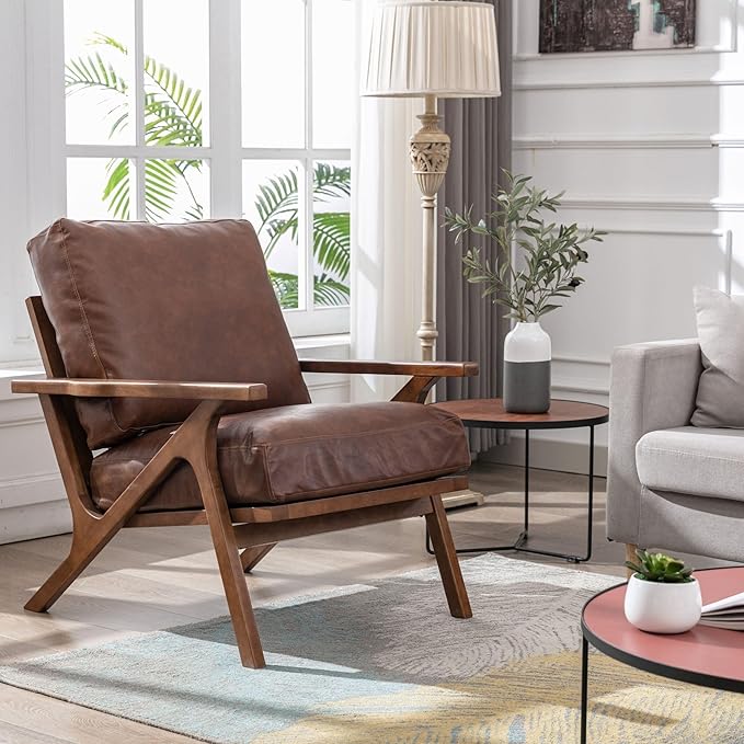 Wahson Brown Leather Accent Chair - Mid Century Modern Retro Upholstered Armchair with Wood Frame and Removable PU Cushions - Large Compfy Leisure Slipper Chair for Living Room/Bedroom (Set of 2)-Ruum Studio Home