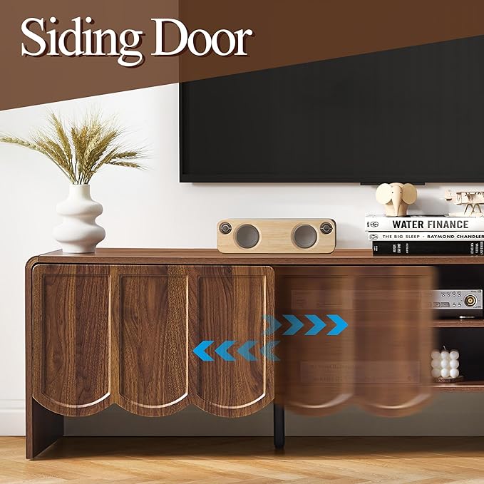 ORRD 63'' TV Stand, Modern TV Console Table Wave Panel Television Stands Entertainment Media Center with Storage Compartment and Sliding Door for Living Room (Walnut)-Ruum Studio Home