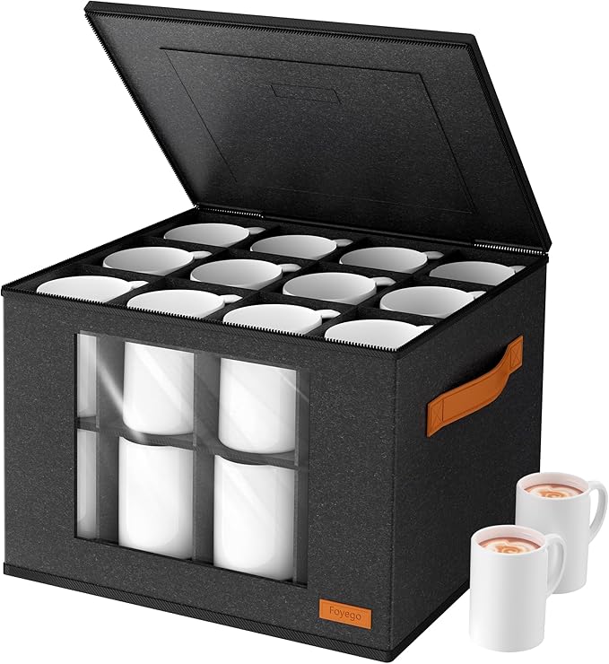 2-Layer Coffee Mug Storage Box with Dividers, Coffee Cup Storage Organizer with Zipper Lid and Handles, Stackable Mug and Cup organizer Service for 24 Coffee Mugs, Cups and Glasses, Dark Grey-Ruum Studio Home
