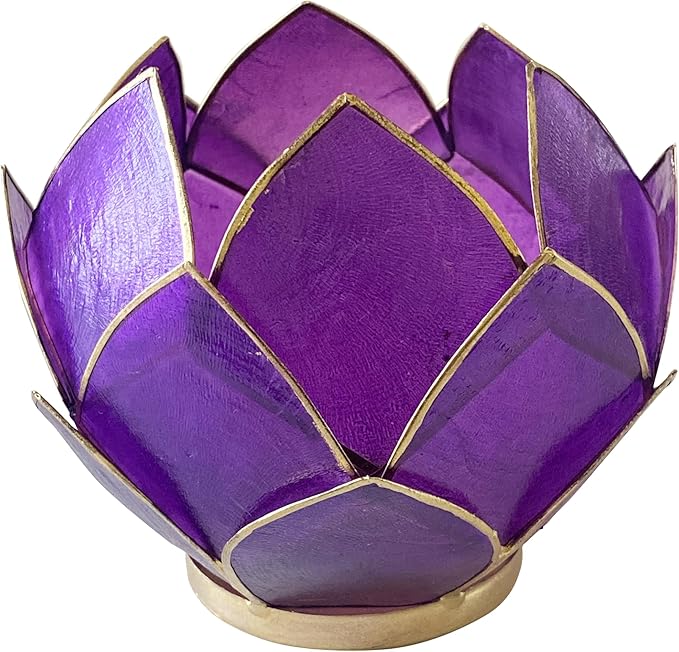 Blooming Lotus Capiz Shell Tealight Candle Holder, Handcrafted Decorative Tea Light Candleholder with Translucent Flower Petals for Ambient Illumination and Natural Elegance, Purple-Ruum Studio Home