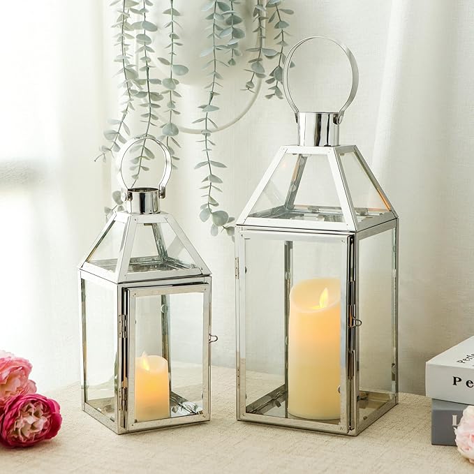 TRIROCKS Set of 2 Stainless Steel Decorative Lanterns 13"&10" H Metal Candle Holders with Tempered Glass for Home Decor Living Room Parties Events Tabletop Indoors Outdoors(Silver)-Ruum Studio Home