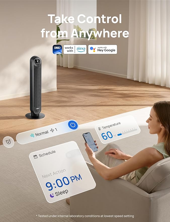 Dreo Tower Fan for Bedroom, Smart Oscillating Quiet Floor Fans, Standing Bladeless Fan with Remote and WiFi Voice Control, 4 Modes, 4 Speeds, 8H Timer, 28dB, Works with Alexa/Google-Ruum Studio Home