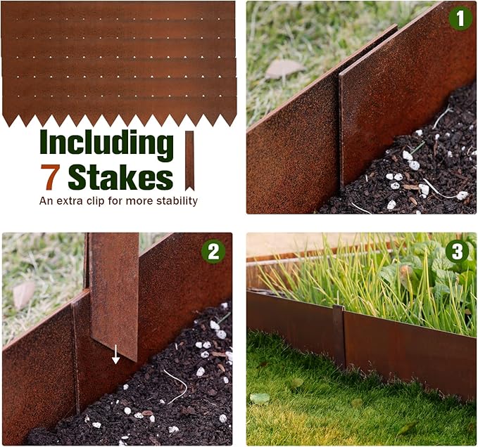 Worth Garden 6 Pack Pre-Rusted Cor-Ten Steel Landscape Edging - 40" L x 5.5" H Each (20ft Total) - No-Dig Hammer-in Heavy Duty 14-Gauge Metal Border w/ 7 Clips & Gloves - Edge for Lawn Yard-Ruum Studio Home