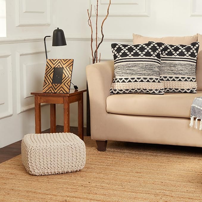 REDEARTH · Cube Low Pouf Foot Stool Ottoman - Hand Knitted Poof - Cord Boho Pouffe - Home Décor - Stuffed Footrest for Living Room - Nursery - Bedroom - Covered Patio - Room (16" x 16" x 8") - Ivory-Ruum Studio Home