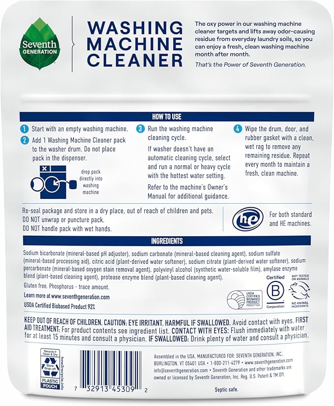 Seventh Generation Washing Machine Cleaner 6 Count Free & Clear Targets Odor-Causing Residue Powered by Oxy Power 4.2 oz-Ruum Studio Home