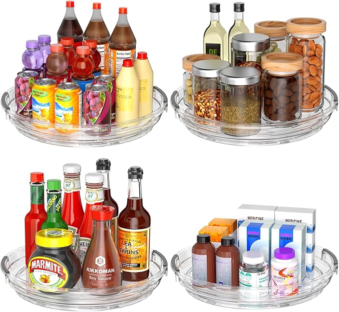 Clear Lazy Susan Organizer Turntable for Cabinet Table Top, 9.25 Inch 4 Pack 360 Rotating Spinning Makeup Organizer for Vanity, Kitchen Storage Rack Heavy-Duty Pantry Spices Tray Countertop Organizer-Ruum Studio Home