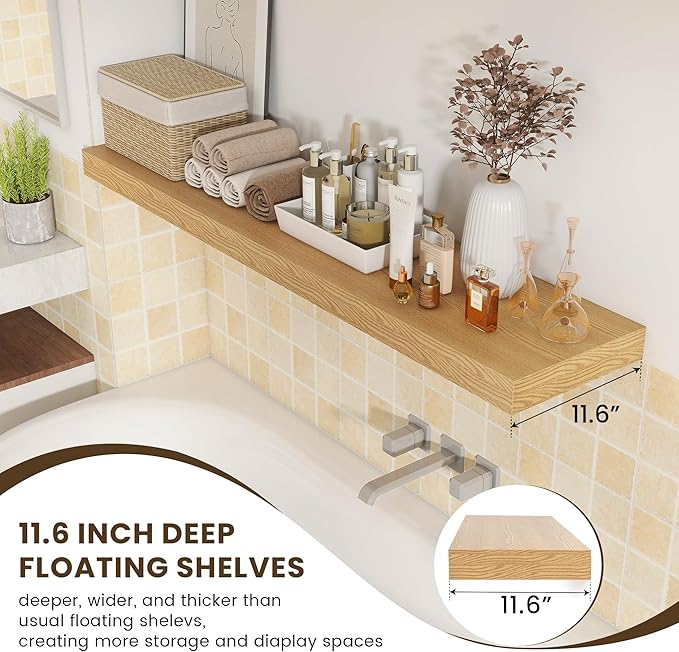 Deep Floating Shelves for Wall - 55 Inch Wide x 12 Inch Deep Wall Shelves Set of 1 - Rustic Oak Color Wood Shelves for Living Room, Bathroom, Laundry Room, Bedroom, Kitchen, Home Office-Ruum Studio Home