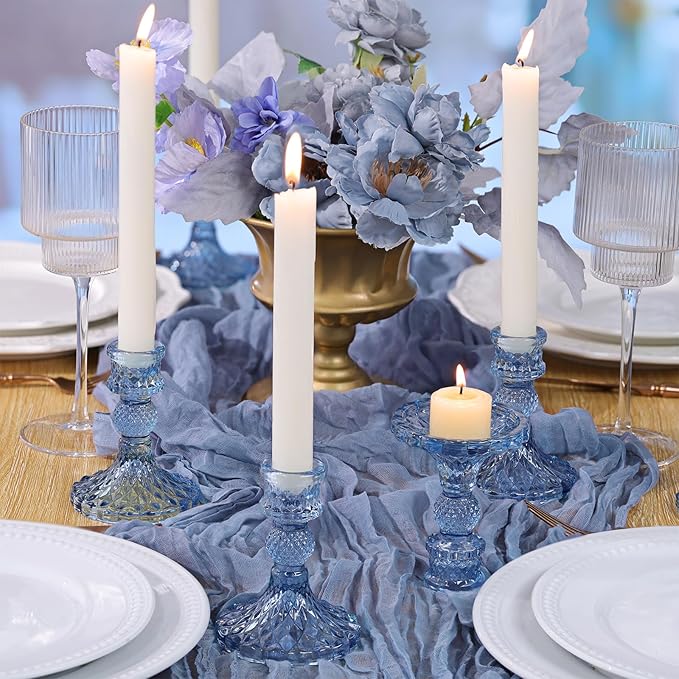 12Pcs 4" H Aqua Blue Candlestick Holders Set- Taper Candle Holders Bulk, Glass Candle Holders for Wedding, Party, Romantic Dinner Table Centerpieces, Festival Gifts & Windowsill Decor-Ruum Studio Home