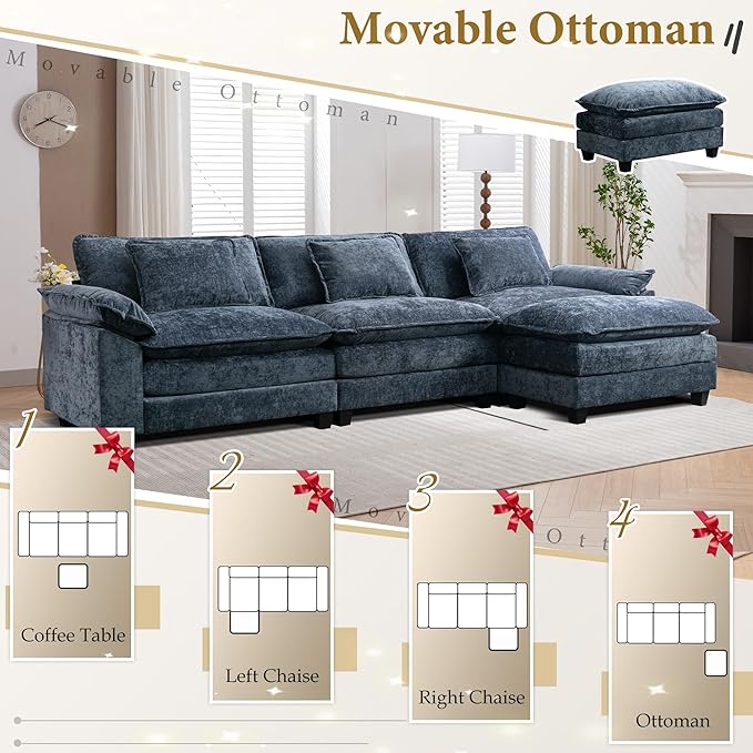 URRED Modular Sectional Sofa Comfy Cloud Couch, Modern Chenille Sofa Sleeper Deep Seat Couches with Ottoman/Pillows for Living Room (Blue, 117''- L Shape)-Ruum Studio Home