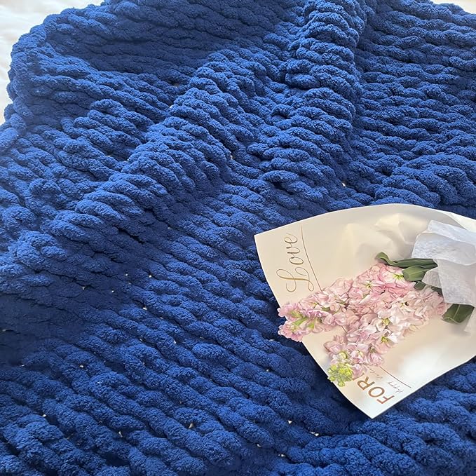 Chunky Knit Blanket Throw 40"x60", Chenille Throw Blankets, Handmade Warm & Cozy Blanket Couch Bed Home Decor, Soft Breathable Fleece Banket, Christmas for Couch Bed Sofa Best Gift (Navy Blue)-Ruum Studio Home