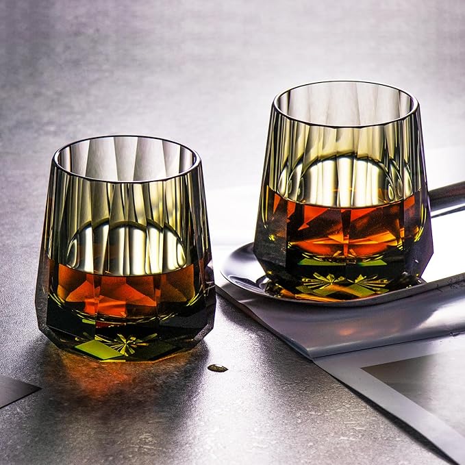 KAMMAK Crystal Whiskey Glasses Set of 2, Handcrafted 6.76oz Old Fashioned Glasses Stemless, Luxury Cocktail Glasses, Hand Blown Scotch Cup for Women, Men Gift for Rocks, Bourbon, Bar Barware-Ruum Studio Home