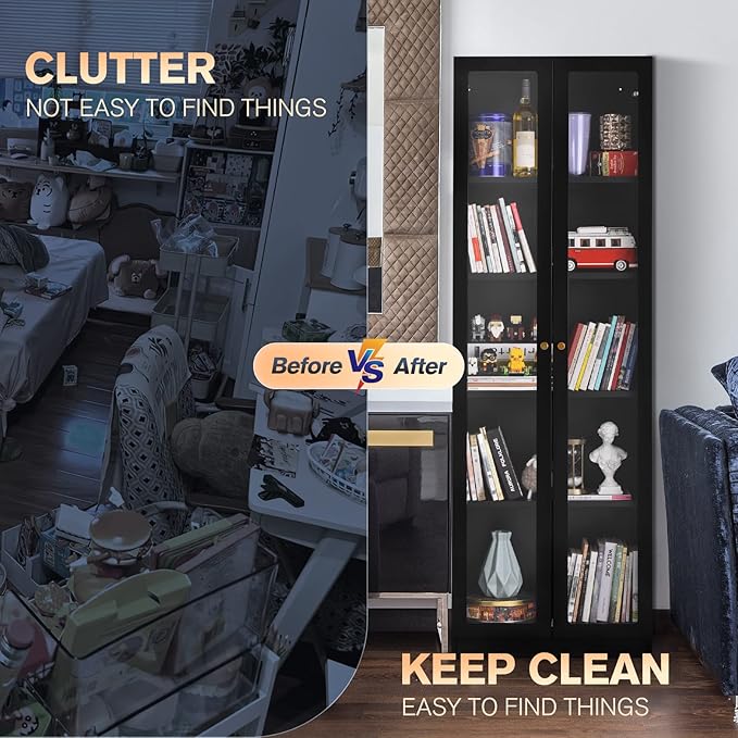 5 Tier Metal Curio Cabinets, 71" Tall Modern Bookshelf Cabinet with 4 Adjustable Shelves, Cabinet Display Case for Home Office, Living Room, Pantry, Assemble Required, Black-Ruum Studio Home