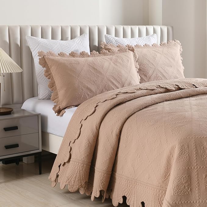 MarCielo 3-Piece 100% Cotton Oversized Bedspread Lightweight Quilt Coverlet Embroidery Farmhouse Bedding Set (TK Pale Taupe Camel, Oversized King (118"x106"))-Ruum Studio Home