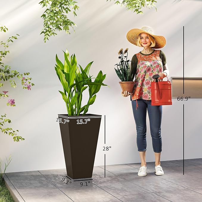 Outsunny Tall Planters for Outdoor Plants Set of 3, 28 in Taper Planters with Drainage Holes, Indoor Grande Plant Pots, Front Porch Decor, Brown-Ruum Studio Home