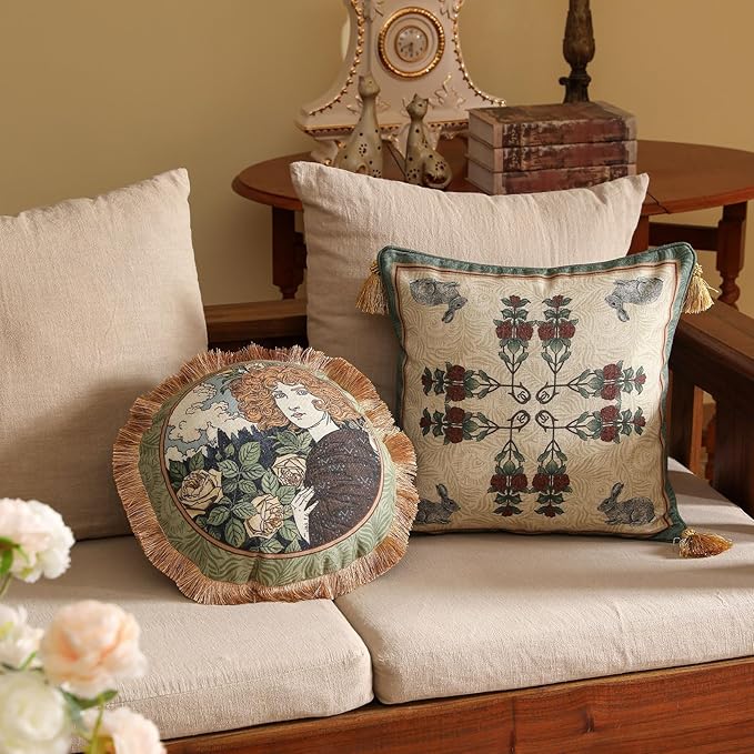 patdrea Designer Throw Pillow Covers Set of 4,French Elegant Green Linen with Rose Collection Pattern Pillow Covers,Decorative Lumbar Square Round Pillowcases Cushion for Bed Living Room Outdoor-Ruum Studio Home