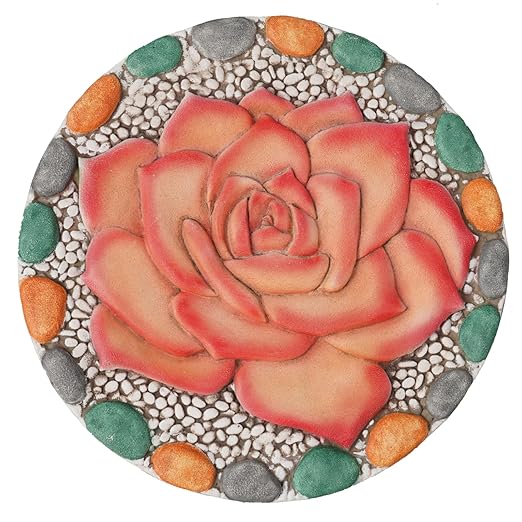 Decorative Rose Garden Stepping Stone - Stepping Stones Outdoor with Colorful Pebble Border, 10x10 inches-Ruum Studio Home