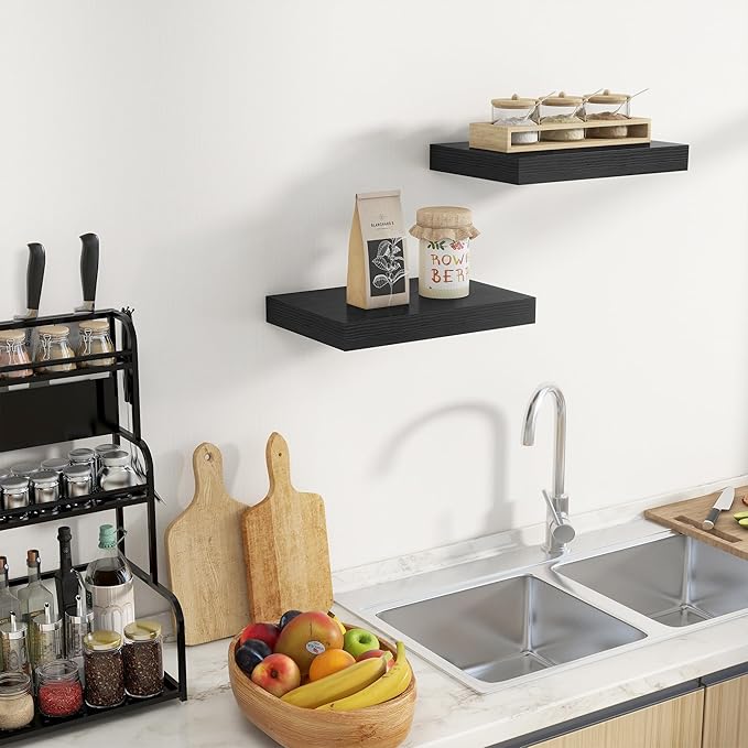 Fun Memories Black Floating Shelves for Wall - 10 x 16 Floating Shelf - Rustic Wood Storage Shelf - Wall Shelves with Invisible Bracket - 16" Bookshelves for Living Room & Bedroom - Black - Set of 2-Ruum Studio Home
