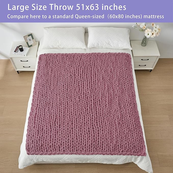 Bigacogo Chunky Knit Throw Blanket for Couch, 51x63 inches, 100% Hand Knitted with Thick Jumbo Chenille Yarn, Cozy Soft Large Rope Knot Cable Crochet Blankets for Sofa Bed Living Room, Burnt Rose-Ruum Studio Home