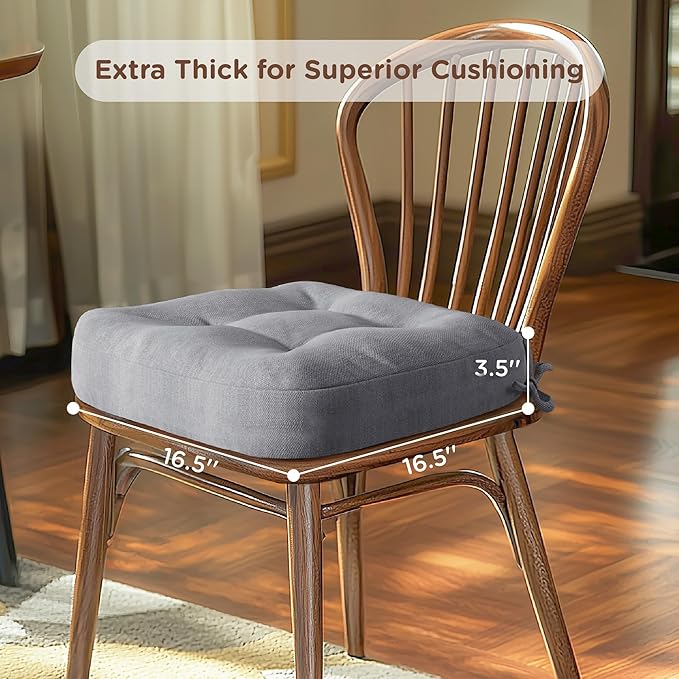Codi Dining Chair Cushions 4 Pack, Thick Chairs Pads for Indoor Kitchen Room - Washable, Non-Slip Seat Cushion with Ties, 16.5"x16.5"x 3.5", Set of 4, Grey-Ruum Studio Home