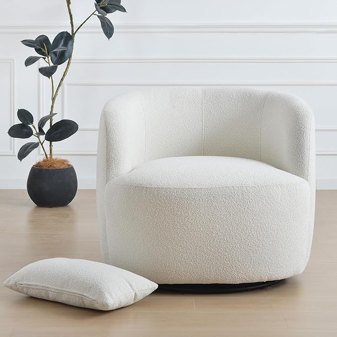KINWELL 34" Wide Sherpa Swivel Barrel Chair, No Assembly Round Boucle Upholstered Accent Chair Armchair Single Sofa Chair with Toss Pillow for Living Room and Bedroom, Beige-Ruum Studio Home