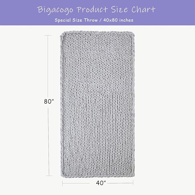 Bigacogo Chunky Knit Throw Blanket for Couch, 40x80 inches, 100% Hand Knitted with Thick Jumbo Chenille Yarn, Cozy Soft Large Rope Knot Cable Crochet Blankets for Sofa Bed Living Room, Light Grey-Ruum Studio Home
