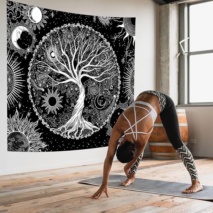 AACKart Tree of Life Tapestry for Bedroom Aesthetic Room Decor-Black and White Spiritual Tree Tapestry Wall Hanging with Sun Moon Star 59.1 x 51.2 inches-Ruum Studio Home