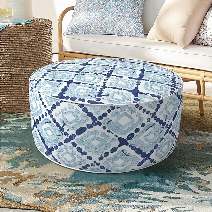 Inflatable Ottoman Stool D21 xH9 for Outdoor/Indoor Use, Water Repellent Patio Foot Rest with Portable Handle,Round Pouf Ottoman Suitable for Garden,Deck and Camping - Boho Geometry Blue-Ruum Studio Home