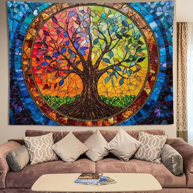 keowhsf Tree of Life Tapestry Wall Hanging – Colorful Stained Glass Look Wall Art with Fantasy Aesthetic, Large Tapestry for Bedroom, Living Room, Home Decor-Ruum Studio Home