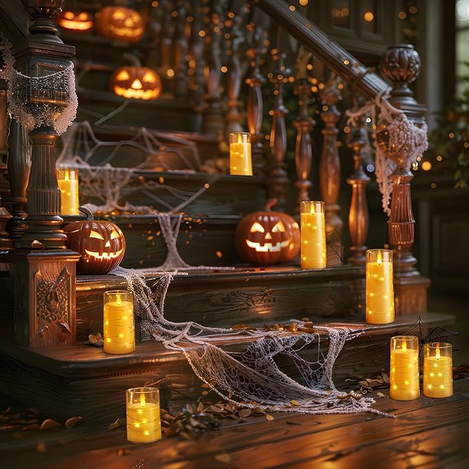 Homemory 9 Pcs Flameless Candles with Embedded Star String Fairy Lights, Battery Operated Candles, LED Candle, Fake Candles with Remote Control and Timer (Gold)-Ruum Studio Home