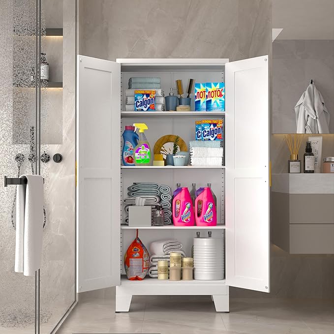 61.02" Pantry Cabinet, Kitchen Pantry Storage Cabinets with Adjustable Shelves and Feet, White Pantry Storage Cabinet for Kitchen, Dining Room, Living Room and Bathroom (White) Metal-Ruum Studio Home