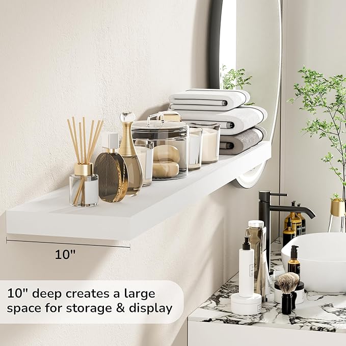 Floating Shelves - 10.3 Inch Deep Wall Shelf for Decor & Storage - Wall Mounted Display Shelving with Invisible Heavy-Duty Metal Bracket - 48" W x 10.3" D x 1.8" H - Set of 1 - Rustic White-Ruum Studio Home