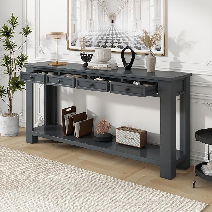 Solid Wood Console Table 63 in Long Sofa Table Entryway Table with 4 Drawers and Bottom Shelf for Hallway Living Room Couch Table,Fully Assembled,63" Tan-Ruum Studio Home